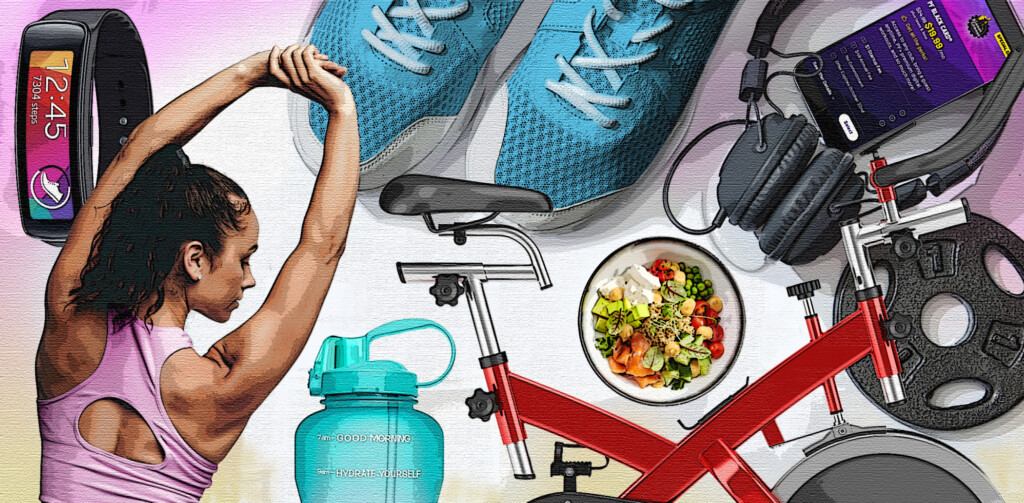 Fitness Flat Lay, Dumbbells, Notebook, Headphones, Notebook, Towel On White Background