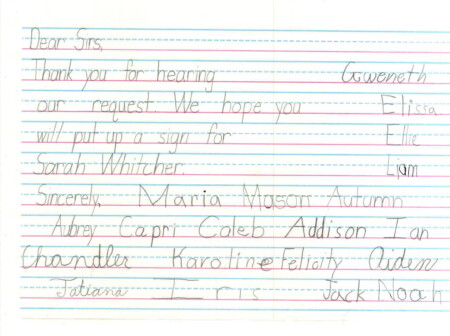 Letter From Dublin Christian School Students Requesting Sarah Whitcher Marker