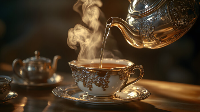 A Baroque Silver Teapot Pouring Steaming Earl Grey Tea Into Fine