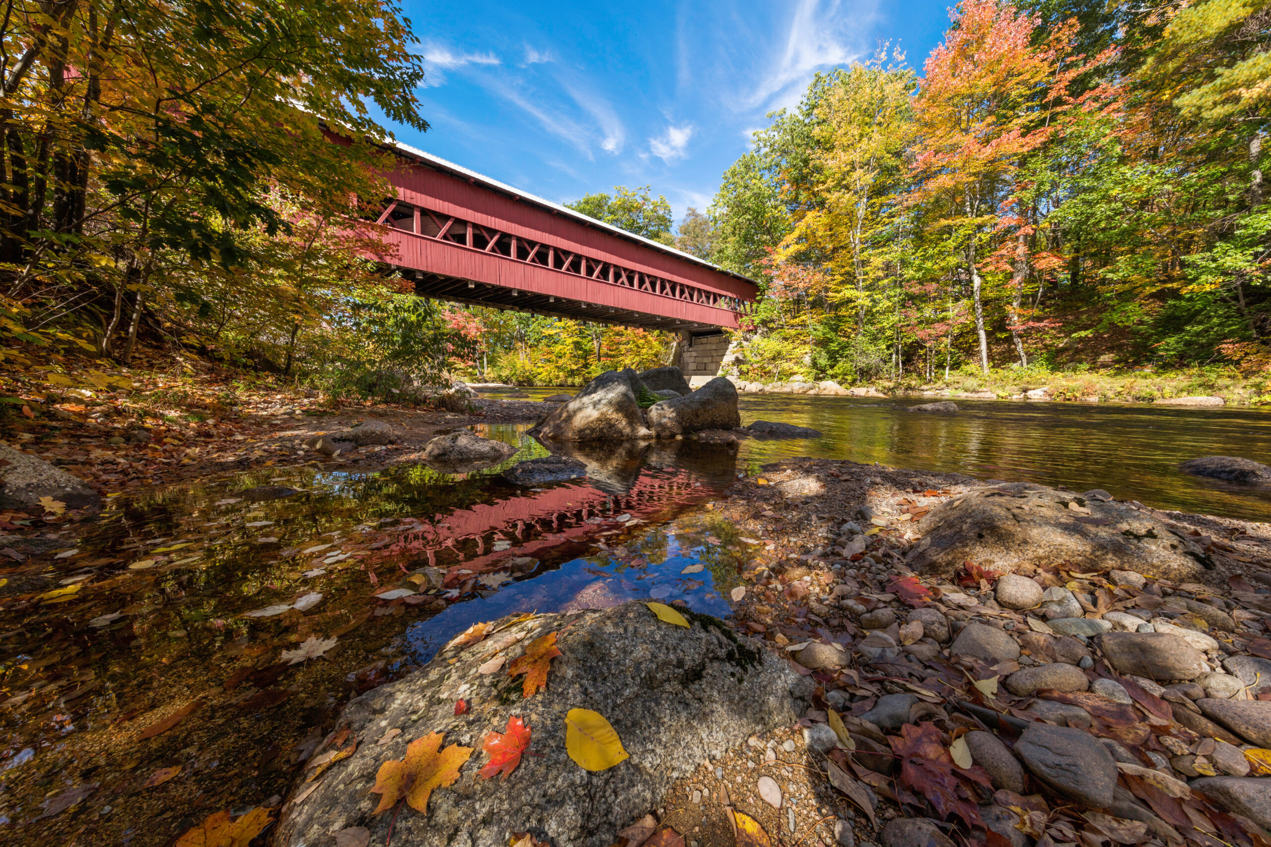 Swift River Covered Bridge In Autumn From The River, Conway, New Hampshire